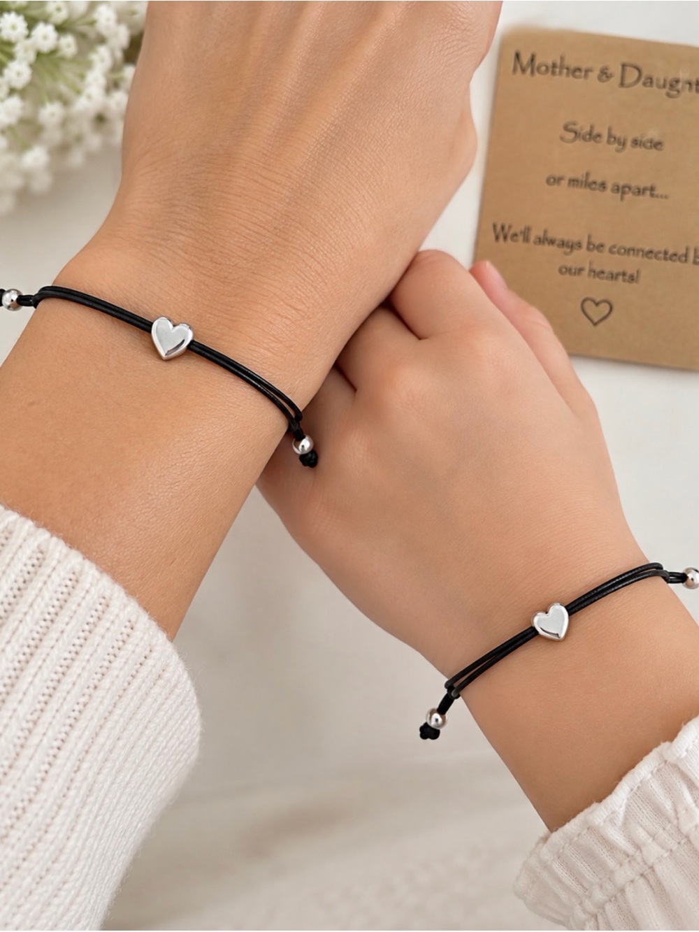 Mother & Daughter Black Cord Bracelet Set with Silver Heart Charms